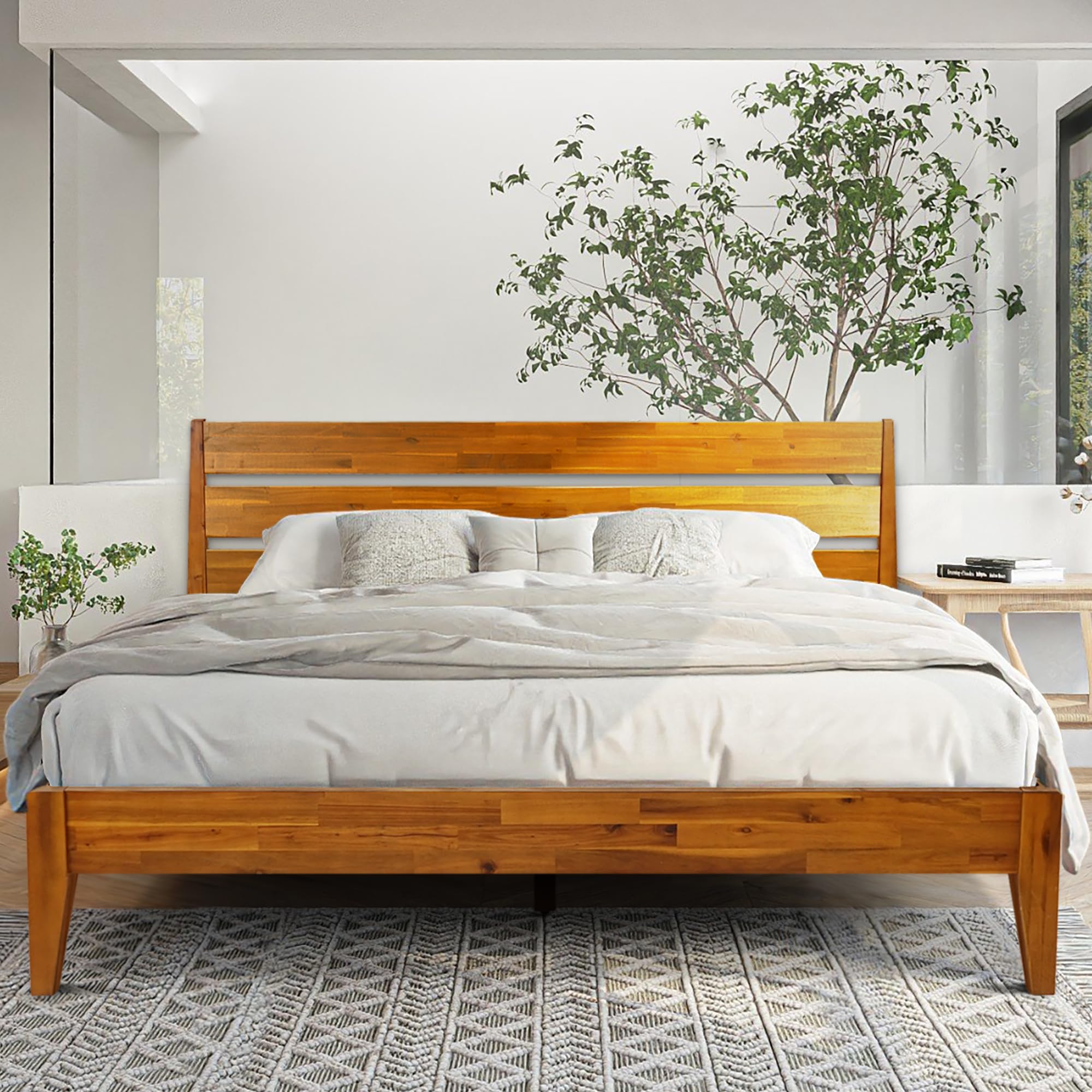 Acacia Emery Bed Frame with Headboard 100% Solid Wood Platform Bed, Mid Century Modern Wood Bed Compatible with All Mattresses, Non-Slip and Noise-Free, 30 Mins Assembly, King Size Bed Frame, Caramel