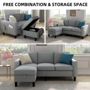 BearDen Creations Convertible Sectional Couches for Living Room, L Shaped Couch 3 Seater Sofas with Storage Ottoman,Small Sofa for Apartment,Compact Spaces,Small Space,Grey