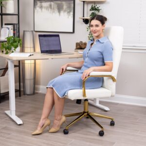 Genpo White and Gold Office Chair, High Back Office Chair for Women, Modern Desk Chair Comfy with Arms, Leather Executive Office Chair with Wheels