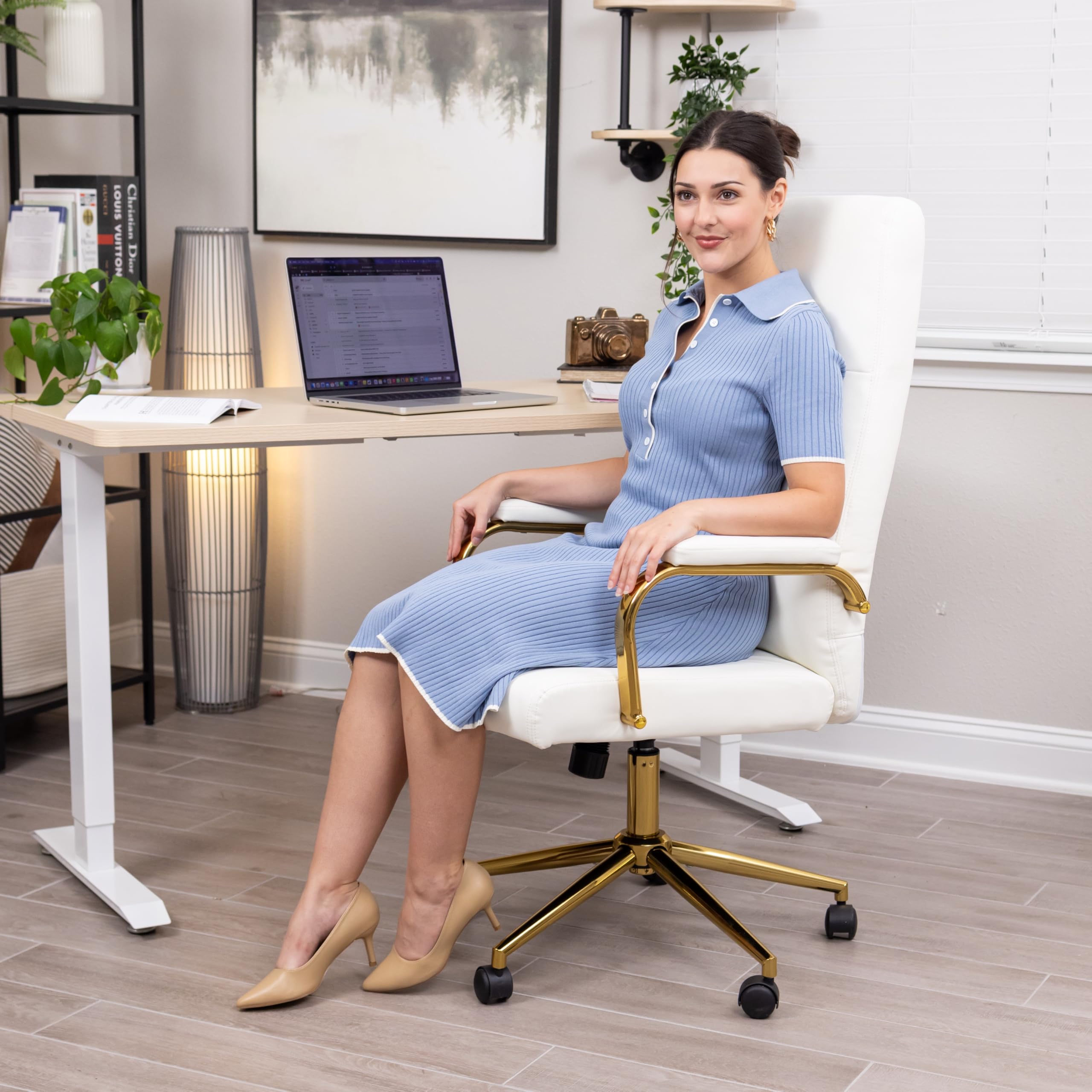 Genpo White and Gold Office Chair, High Back Office Chair for Women, Modern Desk Chair Comfy with Arms, Leather Executive Office Chair with Wheels