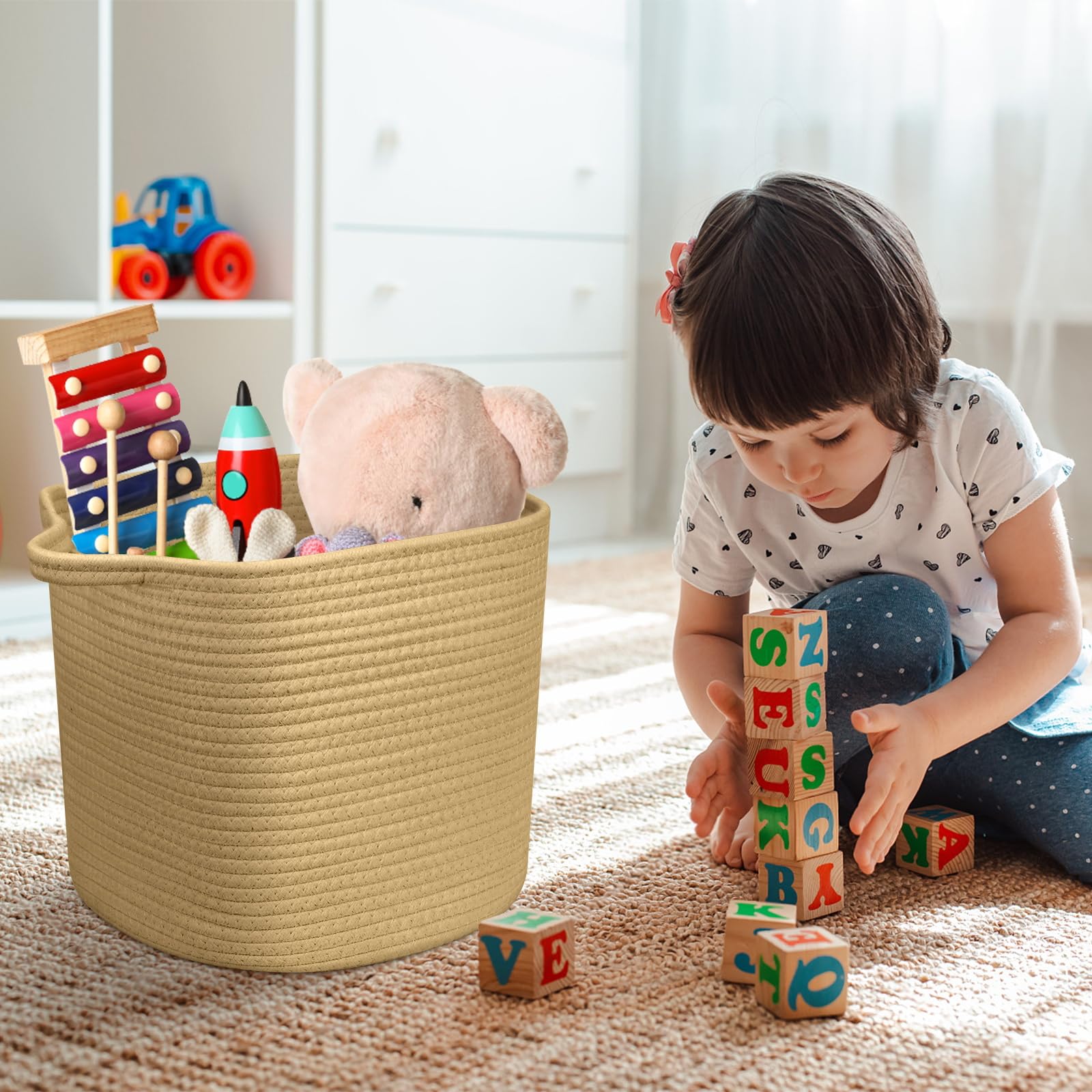 GLCON Cotton Rope Baskets for Organizing - 2 Pack Cube Storage Bins - Woven Basket for Storage - Square Toy Organizer Bins - Storage Cubes for Shelves, Closet - Baby Nursery Bin