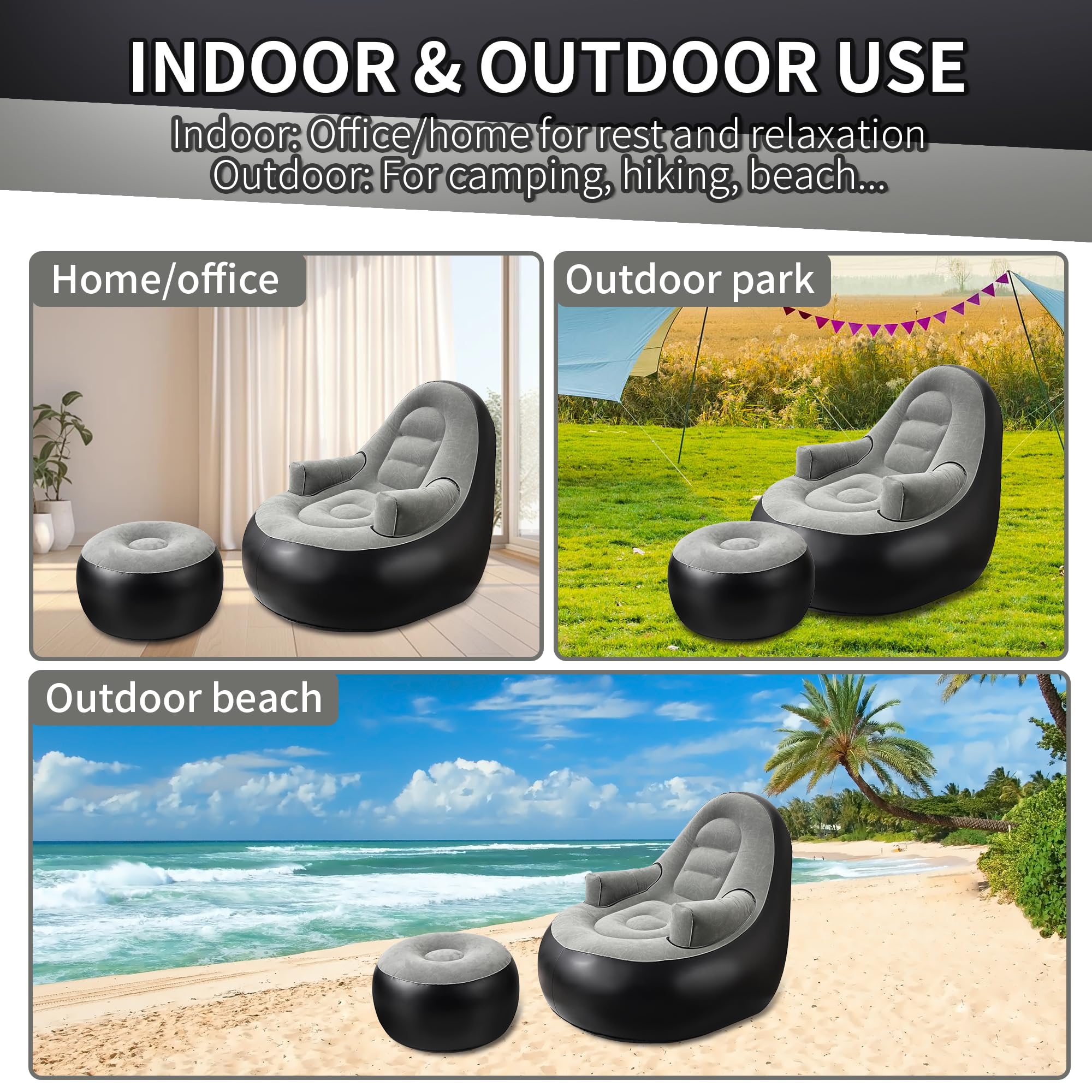 Ccinnoe Inflatable Couch with Armrest＆Ottoman, Blow Up Lounger Chair, Folding Lazy Sofa, Inflatable Furniture Without Pump for Camping, Fishing, Party, Beach, Sunbathing, Hiking (Black)