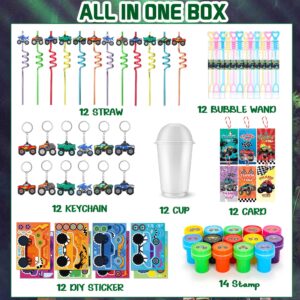 Truck Theme Party Favors Set -98pcs Birthday Party Supplies Kids Multi-Item Favor Packs Included Cups Stickers Thank You Cards DIY Car Stickers Ropes Bubble Wand and Stickers Stamps Keychains Straws