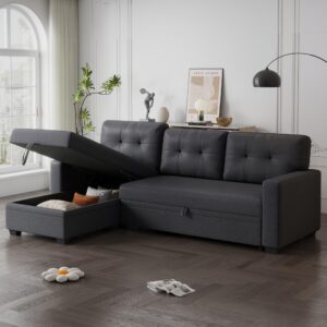 Jintop 82" L-Shape Convertible Sleeper Sectional Sofa with Storage Chaise and Pull-Out Bed,Upholstered Reversible Corner 3 Seater Couch with Button Tufted Backrest & Armrest,for Living Room,Dark Gray