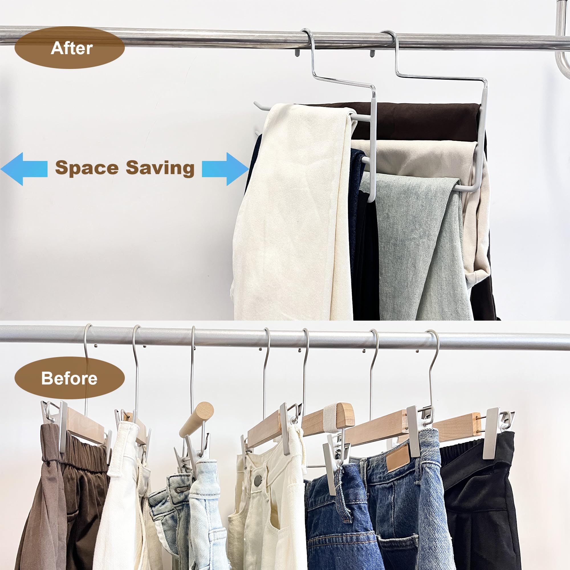 HAOYIJIA Pants Hangers 4 Pack, Multi Hangers for Pants and Jean 3 Tier Non Slip Metal Pants Hangers Space Saving, Clothes Closet Storage Organizer for Pants Jeans Skirts Tie Trousers Scarf