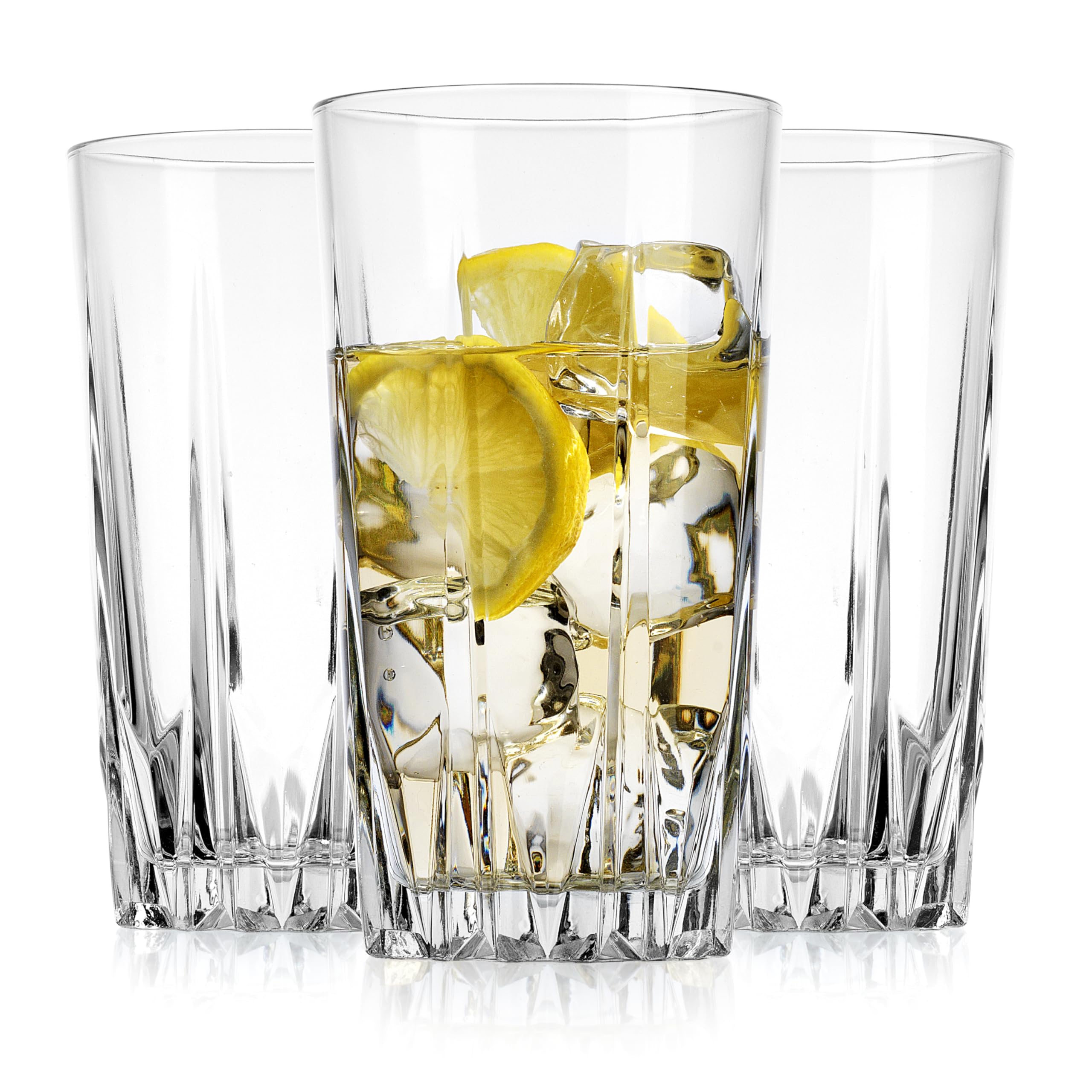 Glaver's Old Fashioned Highball Glass Cups. Set of 10 Elegant Diamond Cut Drinking Glasses. Classic 15 oz Bar Glasses. Tall Kitchen Glass for Wate,r Juice, Beer, Cocktails.