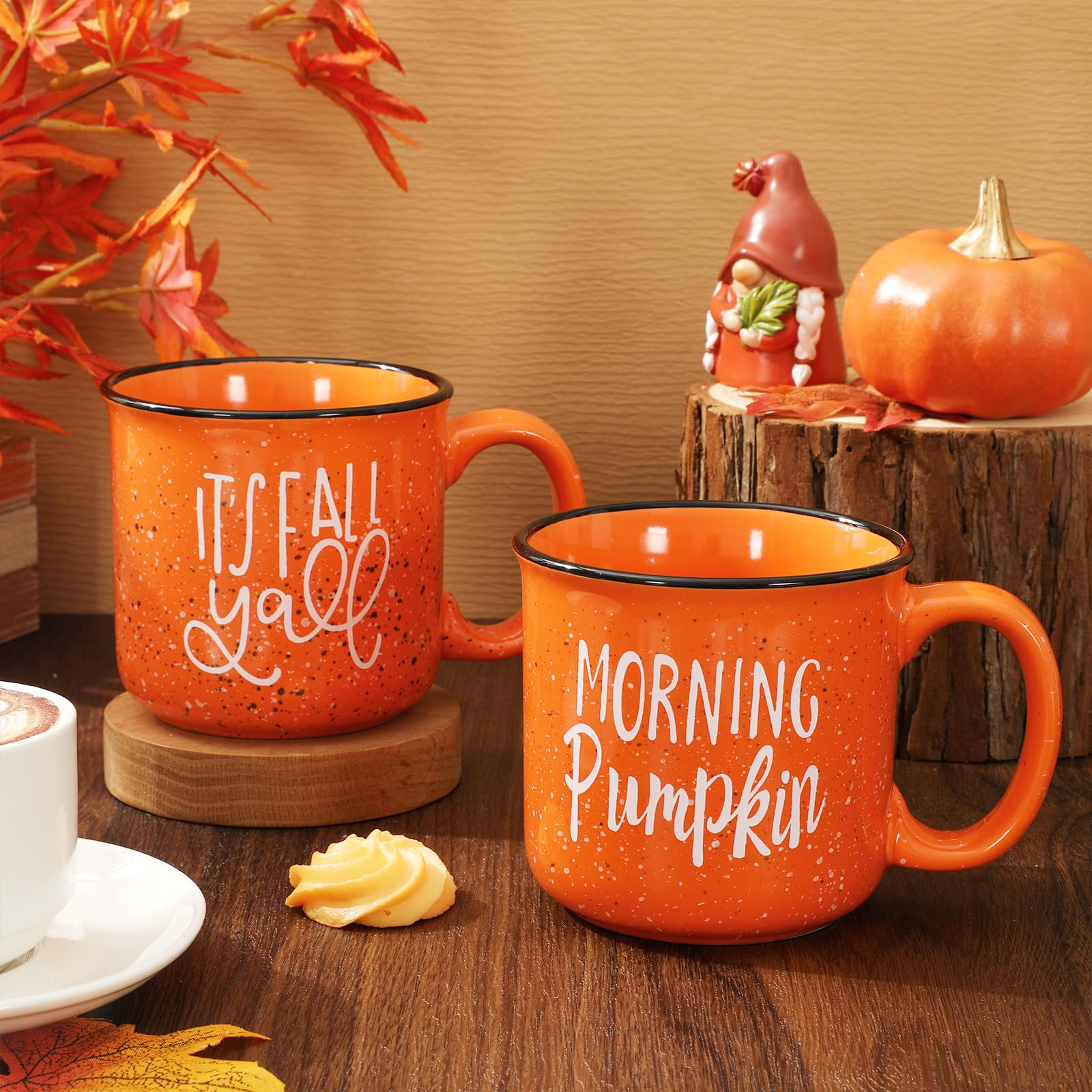 JarThenaAMCS 2Pcs Fall Coffee Mug Orange Fall Y'all Morning Pumpkin Drinking Mug for Autumn Thanksgiving Table Centerpieces Decorations Gifts