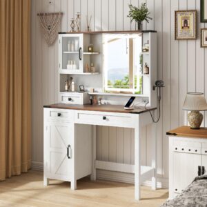 Farmhouse Makeup Vanity with Mirror and Lights,37" Wide Vanity Desk with Power Strip,Vanity Table with 3 Drawers and Cabinets,3 Color Modes & Adjustable Brightness, Dressing Table for Bedroom