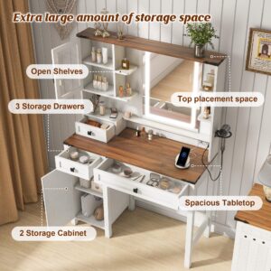 Farmhouse Makeup Vanity with Mirror and Lights,37" Wide Vanity Desk with Power Strip,Vanity Table with 3 Drawers and Cabinets,3 Color Modes & Adjustable Brightness, Dressing Table for Bedroom