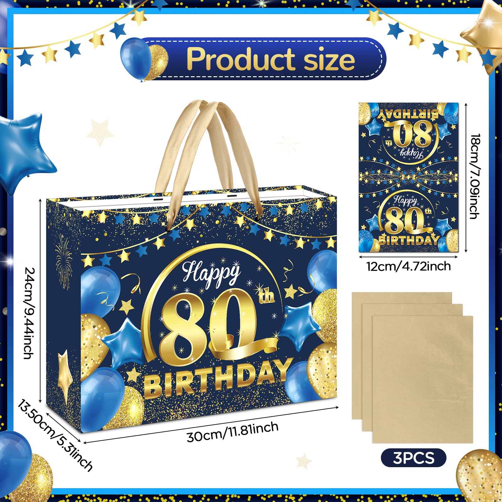 Blue 80th Birthday Gift Bag, Large Navy Blue Gold Happy 80th Birthday Gift Bag with Greeting Card and Tissue Paper for Men Women 80 Years Old Anniversary Birthday Party Favors Goodie Wrap Bag Supplies