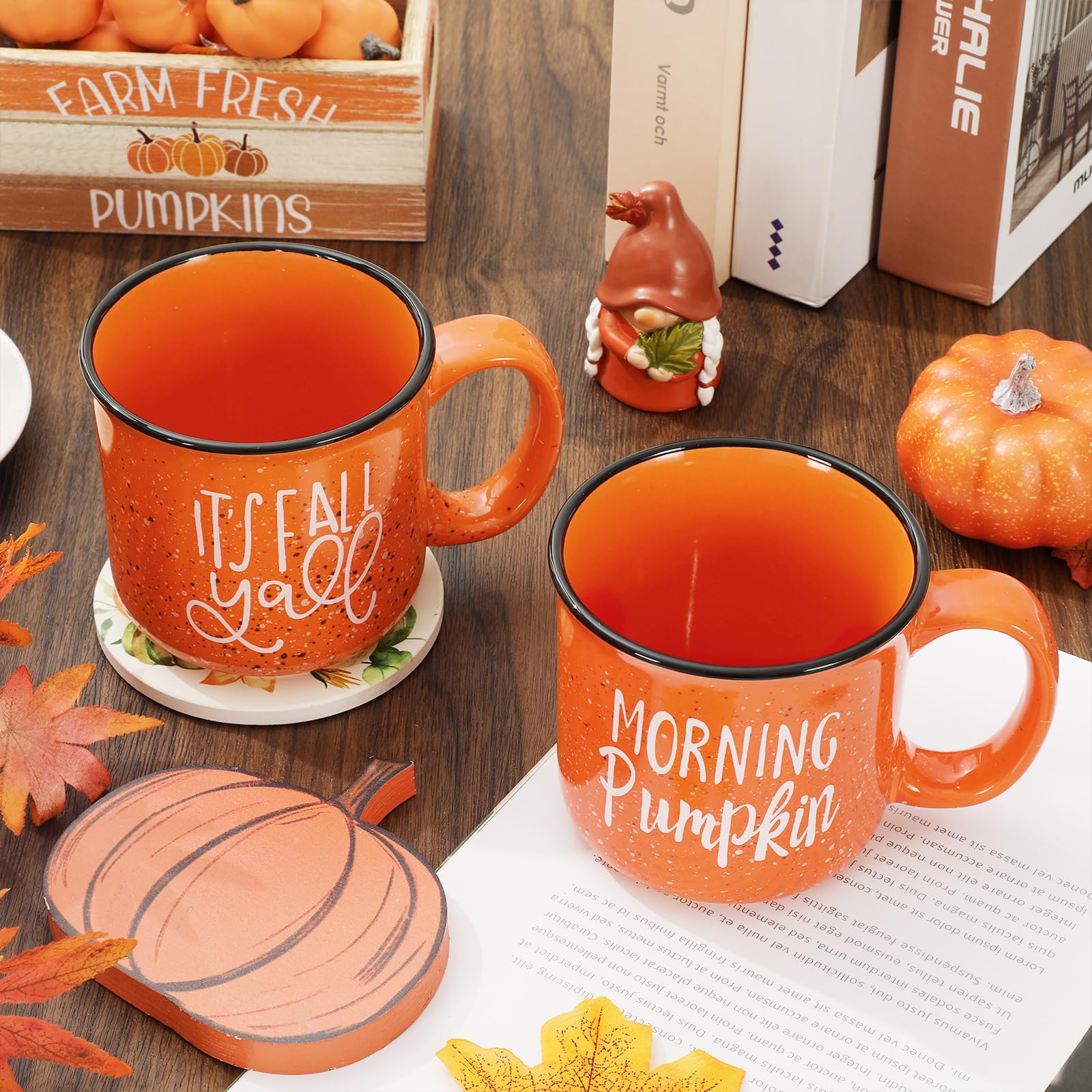 JarThenaAMCS 2Pcs Fall Coffee Mug Orange Fall Y'all Morning Pumpkin Drinking Mug for Autumn Thanksgiving Table Centerpieces Decorations Gifts