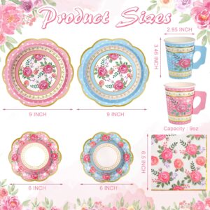 200 Pcs Disposable Tea Party Cups and Saucers Set, 50 Guests Floral Tea Party Supplies Include 9 oz Paper Tea Cups with Handle, 9 Inch Paper Plates, Saucers Napkins for Tea Party Birthday Wedding