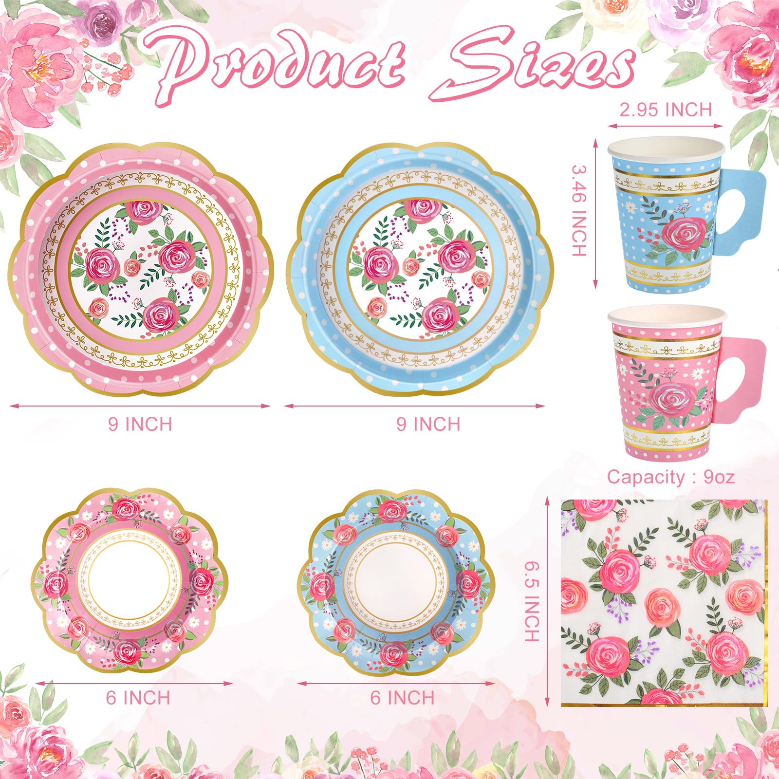 200 Pcs Disposable Tea Party Cups and Saucers Set, 50 Guests Floral Tea Party Supplies Include 9 oz Paper Tea Cups with Handle, 9 Inch Paper Plates, Saucers Napkins for Tea Party Birthday Wedding