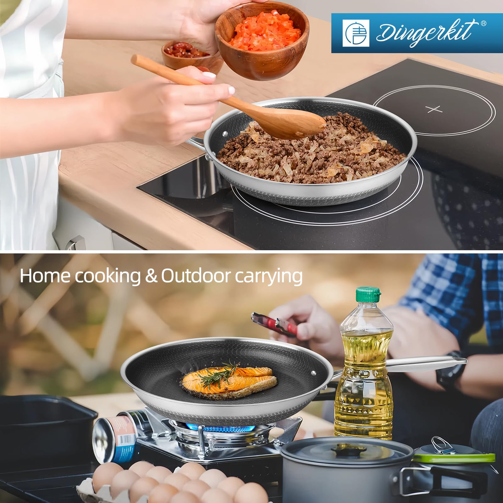 Dingerkit Frying Pans Nonstick, 11” Hybrid Stainless Steel Non Stick Frying Pans for Kitchen and Camping - Nonstick Cookware - Dishwasher and Oven Safe Skillet for Induction Gas Ceramic.