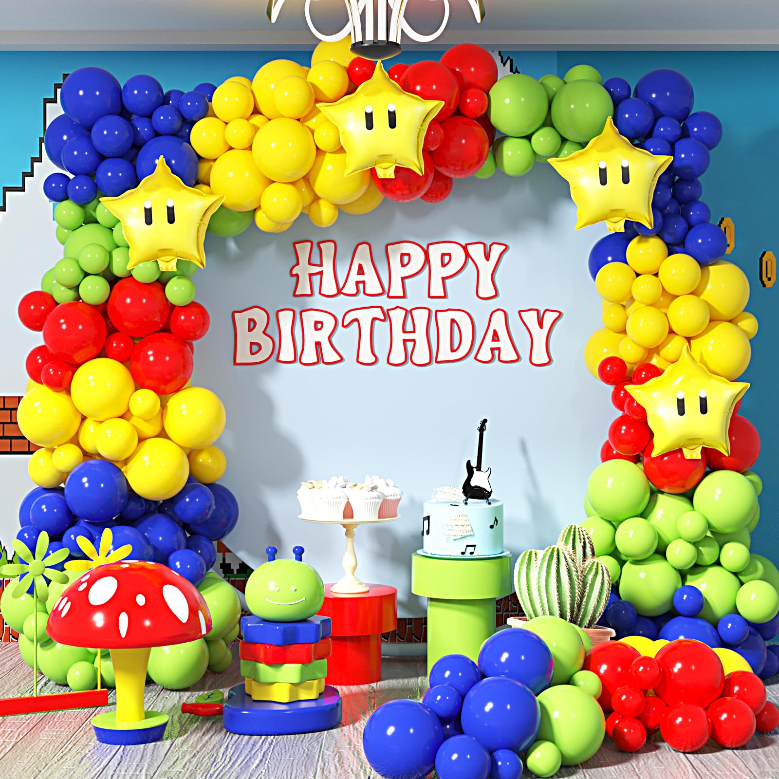 Mari Balloon Arch Kit Include Latex Balloons, Foil Star Balloons for Kids Mari Birthday Party Decoration Supplies Super Bros Baby Shower Party Decorations