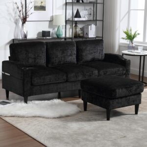 ouyessir 77.4" chenille l shaped sectional sofa couch, 3 seat sofa with convertible storage ottoman and 2 cup holders, modern deep seat couch for living room office apartment, black