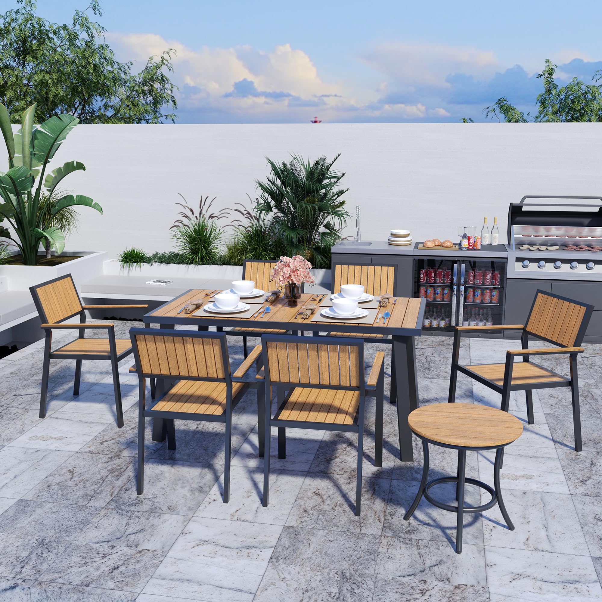 Pamapic 8-Piece Patio Dining Set，Outdoor Aluminum Furniture Set with Plastic-Wood Table Top,Outdoor Furniture Set with 6 Outdoor Stackable Chairs for Patio Garden Poolside (Teak)