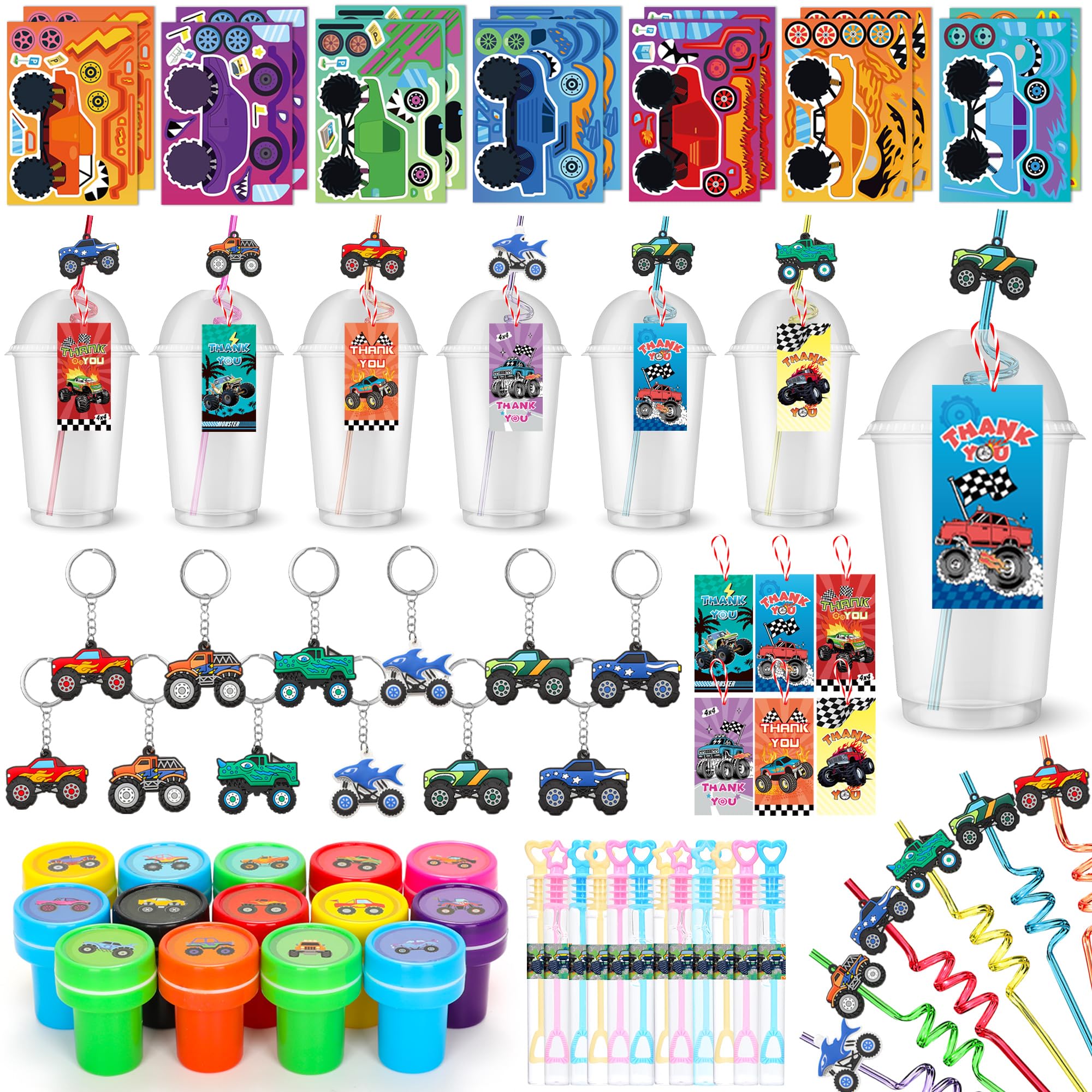 Truck Theme Party Favors Set -98pcs Birthday Party Supplies Kids Multi-Item Favor Packs Included Cups Stickers Thank You Cards DIY Car Stickers Ropes Bubble Wand and Stickers Stamps Keychains Straws