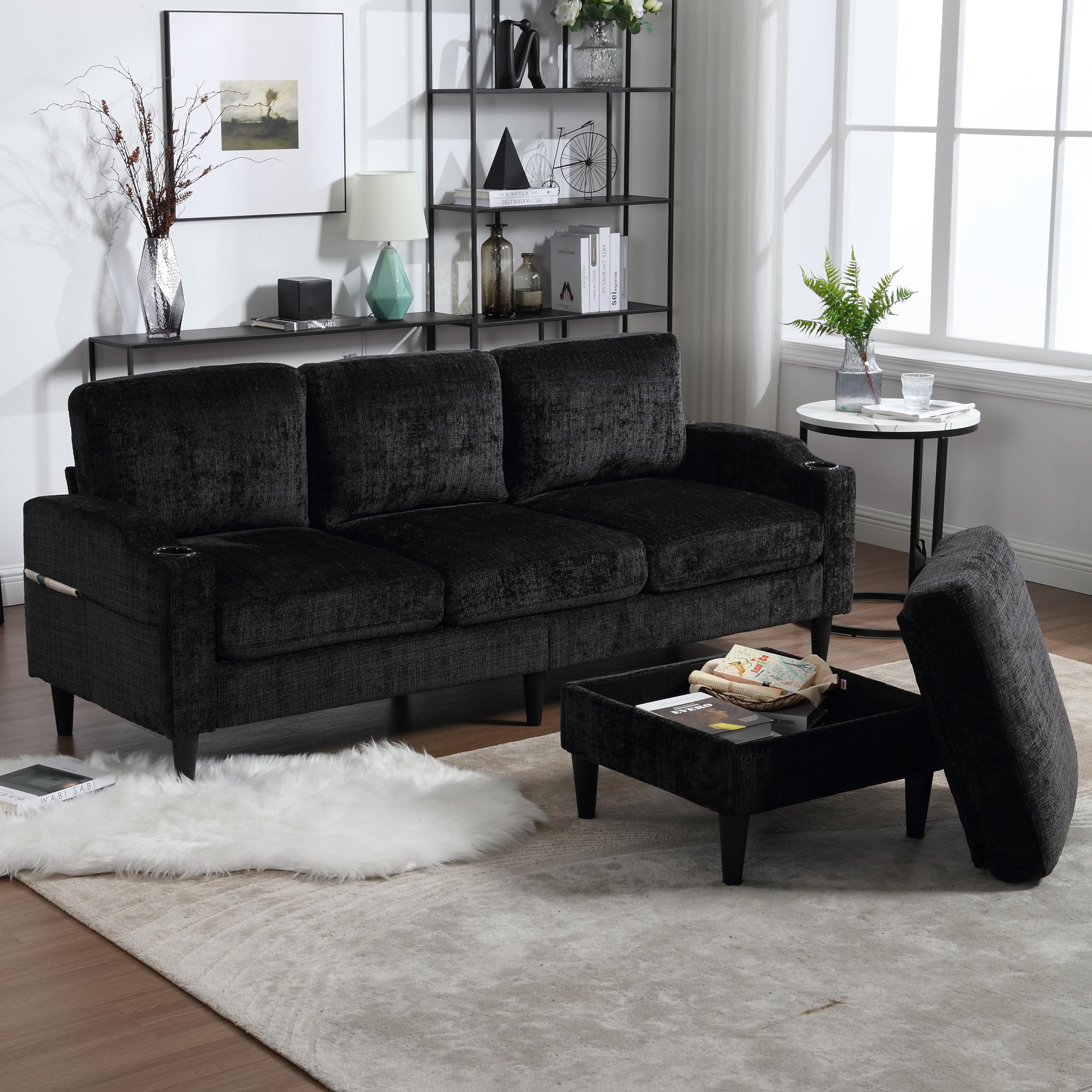 OUYESSIR 77.4" Chenille L Shaped Sectional Sofa Couch, 3 Seat Sofa with Convertible Storage Ottoman and 2 Cup Holders, Modern Deep Seat Couch for Living Room Office Apartment, Black