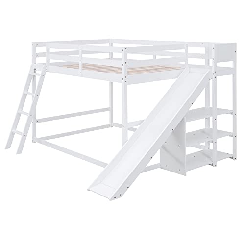 BOVZA Full Over Full Bunk Beds with Slide, Wood Floor Low Bunk Bed Frame with Storage Shelves and Ladder for Kids Boys Girls Teens, White