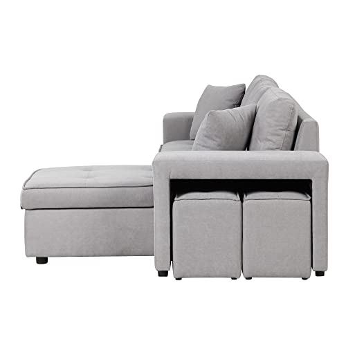 Reversible Sleeper Sectional Sofa with Pull Out Bed, Comfy Button Tufted Convertible Couch with Storage Chaise 2 Stools , 4 Seater L-Shaped Corner Sofabed Furniture Set for Living Room, Small Space