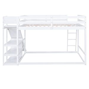 BOVZA Full Over Full Bunk Beds with Slide, Wood Floor Low Bunk Bed Frame with Storage Shelves and Ladder for Kids Boys Girls Teens, White