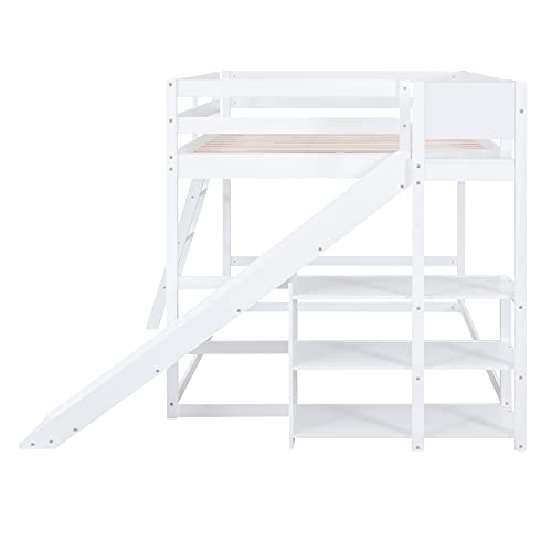 BOVZA Full Over Full Bunk Beds with Slide, Wood Floor Low Bunk Bed Frame with Storage Shelves and Ladder for Kids Boys Girls Teens, White