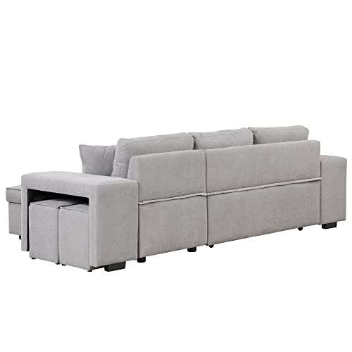 Reversible Sleeper Sectional Sofa with Pull Out Bed, Comfy Button Tufted Convertible Couch with Storage Chaise 2 Stools , 4 Seater L-Shaped Corner Sofabed Furniture Set for Living Room, Small Space