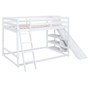 BOVZA Full Over Full Bunk Beds with Slide, Wood Floor Low Bunk Bed Frame with Storage Shelves and Ladder for Kids Boys Girls Teens, White