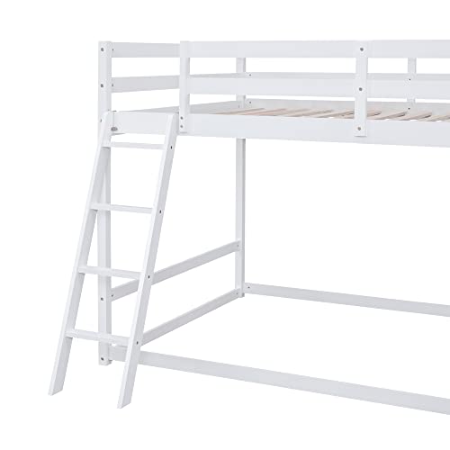 BOVZA Full Over Full Bunk Beds with Slide, Wood Floor Low Bunk Bed Frame with Storage Shelves and Ladder for Kids Boys Girls Teens, White