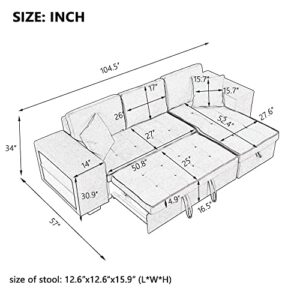 Reversible Sleeper Sectional Sofa with Pull Out Bed, Comfy Button Tufted Convertible Couch with Storage Chaise 2 Stools , 4 Seater L-Shaped Corner Sofabed Furniture Set for Living Room, Small Space