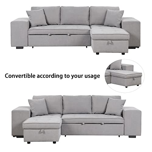 Reversible Sleeper Sectional Sofa with Pull Out Bed, Comfy Button Tufted Convertible Couch with Storage Chaise 2 Stools , 4 Seater L-Shaped Corner Sofabed Furniture Set for Living Room, Small Space