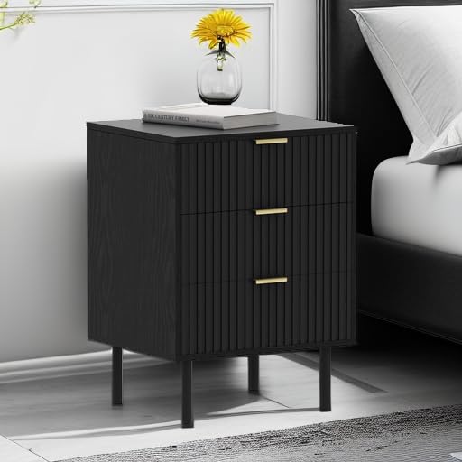 conifferism Fluted Black Nightstand 3 Drawers, 19" Small Bedroom 26" Tall Bedside Night Stand, Mid Century Modern Bed Side Couch End Table Living Room, Light Gold Handle