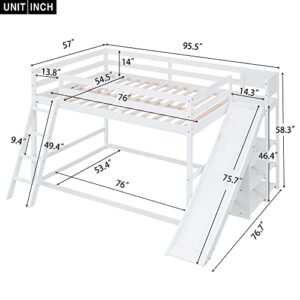 BOVZA Full Over Full Bunk Beds with Slide, Wood Floor Low Bunk Bed Frame with Storage Shelves and Ladder for Kids Boys Girls Teens, White