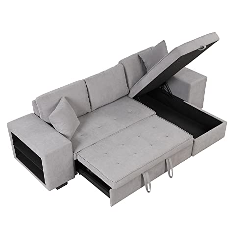 Reversible Sleeper Sectional Sofa with Pull Out Bed, Comfy Button Tufted Convertible Couch with Storage Chaise 2 Stools , 4 Seater L-Shaped Corner Sofabed Furniture Set for Living Room, Small Space