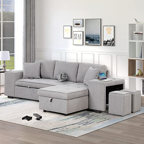 Reversible Sleeper Sectional Sofa with Pull Out Bed, Comfy Button Tufted Convertible Couch with Storage Chaise 2 Stools , 4 Seater L-Shaped Corner Sofabed Furniture Set for Living Room, Small Space