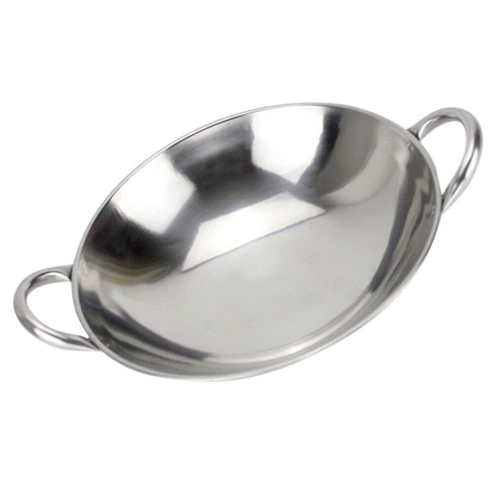 STOBAZA Stainless Steel Wok Pan: Stir Fry Pans Paella Pan Double Handle Cooking Pan Round Bottom Frying Pan Stew Pot Skillet Works Casserole Pots for Home Kitchen