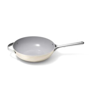 caraway non-stick stir fry pan - 12” wok-inspired pan - free from forever chemicals - high-sloped walls - stainless steel handles - cream