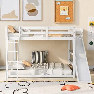 BOVZA Full Over Full Bunk Beds with Slide, Wood Floor Low Bunk Bed Frame with Storage Shelves and Ladder for Kids Boys Girls Teens, White