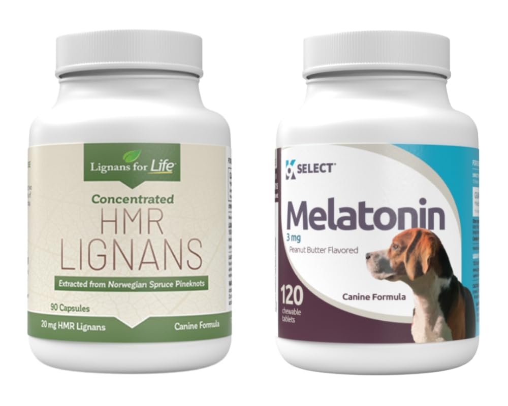 Lignans for Life & K9 Select Pet Care Bundle - HMR Lignans 20mg, 90 Capsules - Melatonin & 3mg, 120 Peanut Butter Flavored Tablets - Multivitamin Dog Wellness Supplement Treats - Medium Size Dog Breed