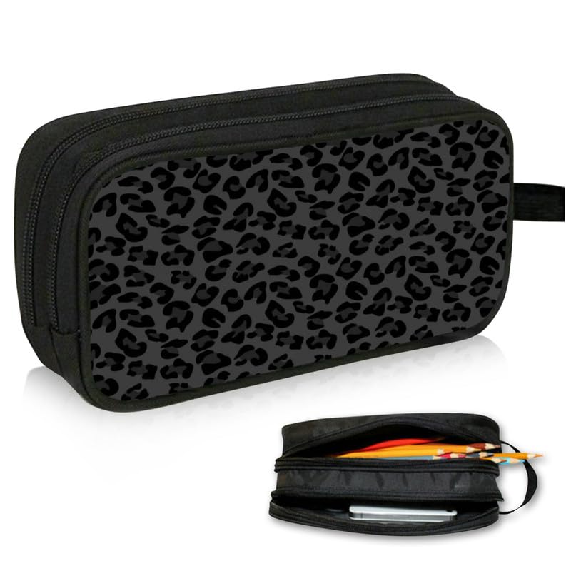 WOBAGMEN Double Layer Pencil Case with Handle Large Pencil Bag Cute Print Pencil Pouch for Boys Girls (Black Leopard)