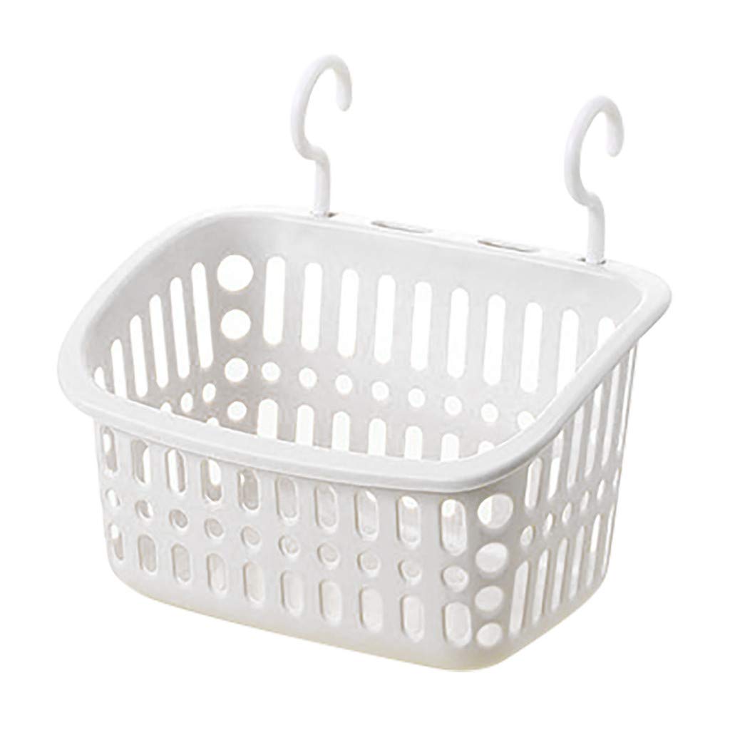 Wall Storage Bedside Storage Basket with Hook, Good Weight Capacity Storage Basket Plastic , Storage Basket for Kitchen Bathroom Store Brushes Cups Shower Gel and Sponges and More (White, Medium)