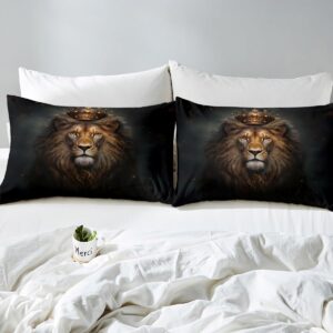 Comforter Cover Full Size, King Lion Golden Print Bedding Set Black 3D Lion Animal Print Duvet Cover, Crown Lion African Wildlife Bedspread Cover for Kids and Adults Baby Boy Gifts