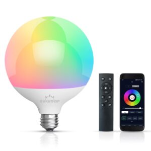 color changing led light bulb, bluetooth light bulbs 15w equivalent 150w, dimmable light bulbs e26 compatible mobile app & remote controller, with tens of millions of colors and multiple dynamic modes