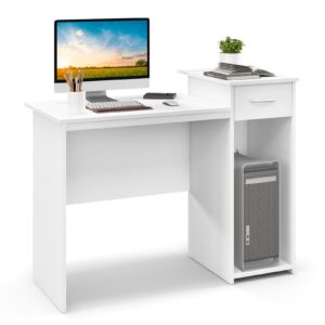 goflame computer desk with drawer, modern laptop pc desk with adjustable shelf & cable hole, compact writing desk study desk with monitor stand, wooden computer workstation for home office, white