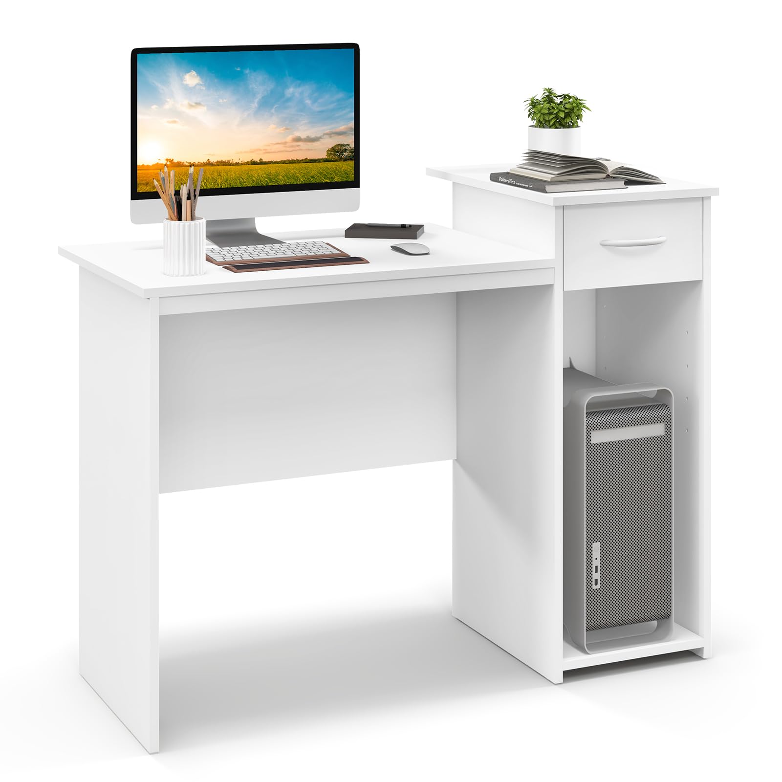 GOFLAME Computer Desk with Drawer, Modern Laptop PC Desk with Adjustable Shelf & Cable Hole, Compact Writing Desk Study Desk with Monitor Stand, Wooden Computer Workstation for Home Office, White