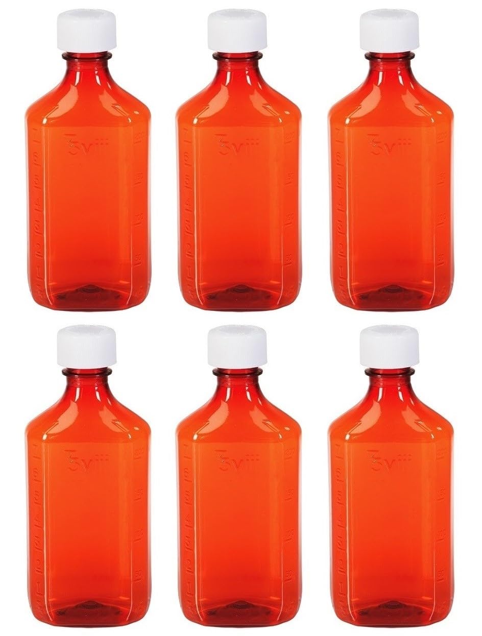 Sandhill Tools Premium Oval Plastic Liquid Medicine Bottles with Child Resistant Caps 8 Oz (240 ml), Pharmacy Leak Proof Travel Graduated Empty Containers (Pack of 6)