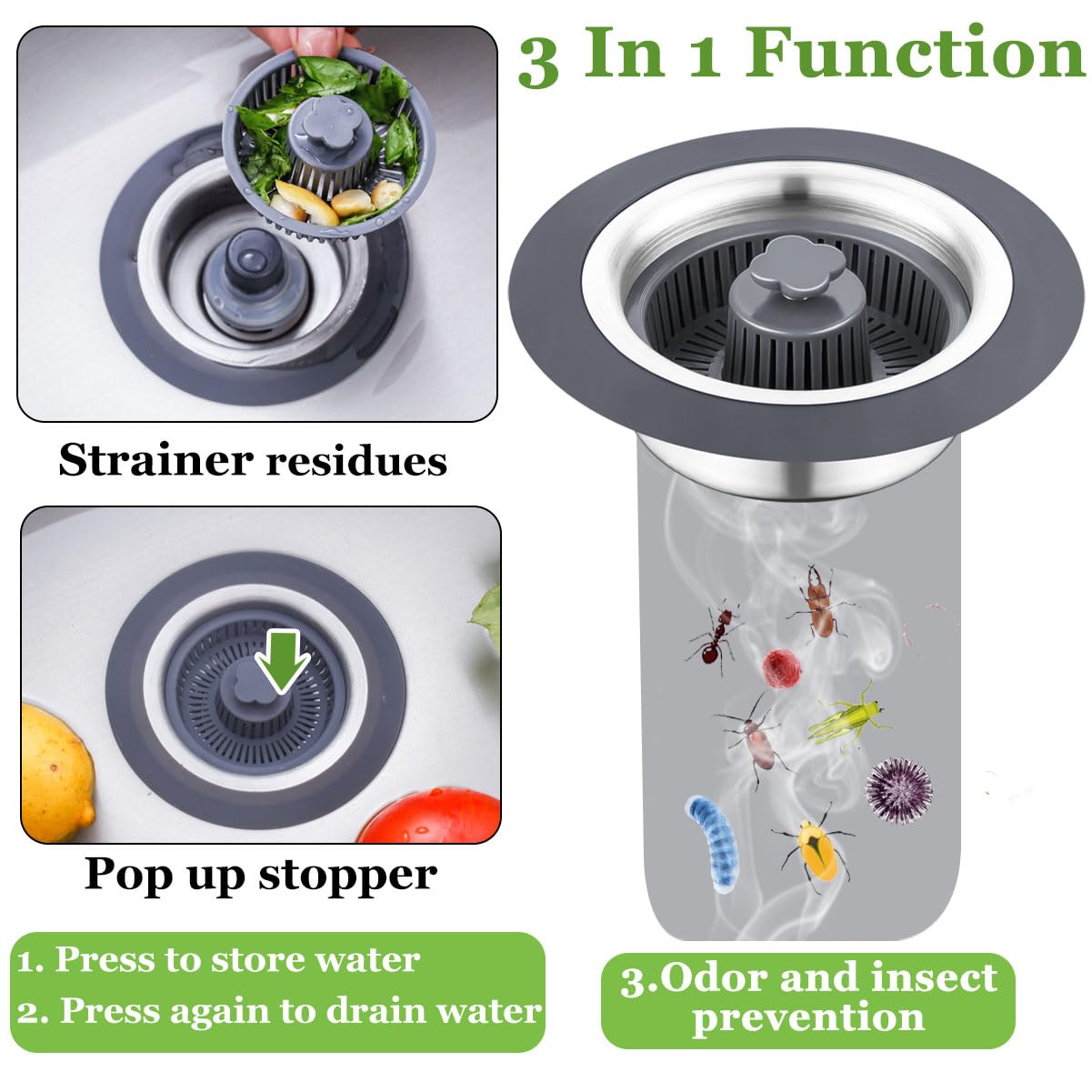 WSYLEN 3 in 1 Kitchen Sink Drain Strainer and Stopper Combo, Stainless Steel Pop Up Kitchen Sink Stopper, Sink Drain Strainer for Standard 3-1/2 Inch Drain