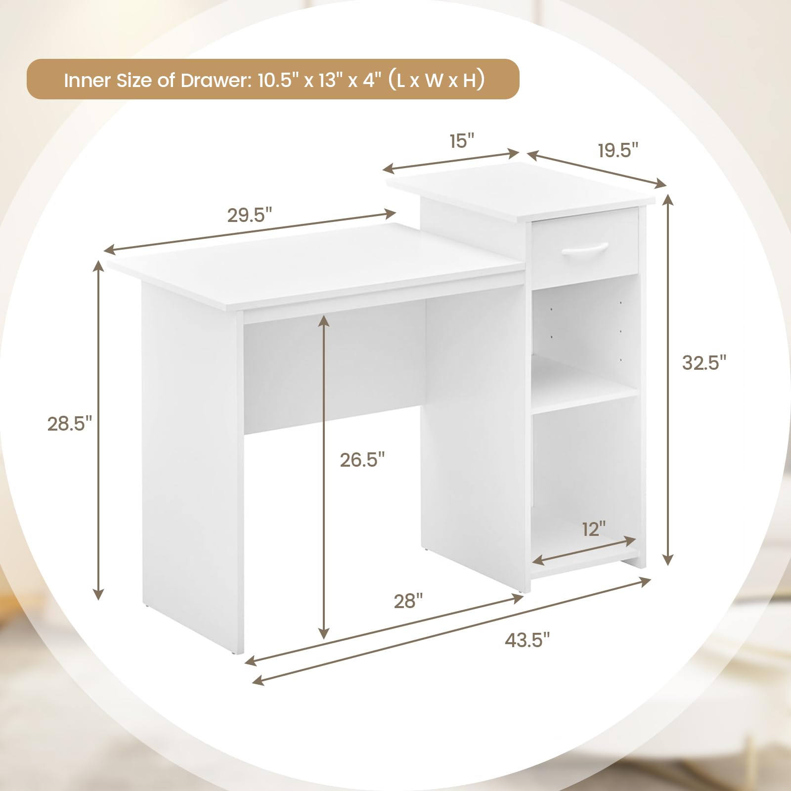 GOFLAME Computer Desk with Drawer, Modern Laptop PC Desk with Adjustable Shelf & Cable Hole, Compact Writing Desk Study Desk with Monitor Stand, Wooden Computer Workstation for Home Office, White