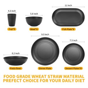 Lazycorner 48-Pcs Kitchen Wheat Straw Dinnerware Set, Service for 8, Plastic Reuasble Dinner Dishes Serving Plate Set for Kitchen, Including Dinner Plate, Dessert Plate, Bowl, Cup(Black)